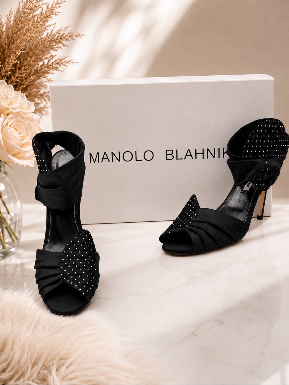 Manolo Blahnik • Black Polka Dot Bow Satin Peep Toe Stiletto Heels “Bimba Pois”